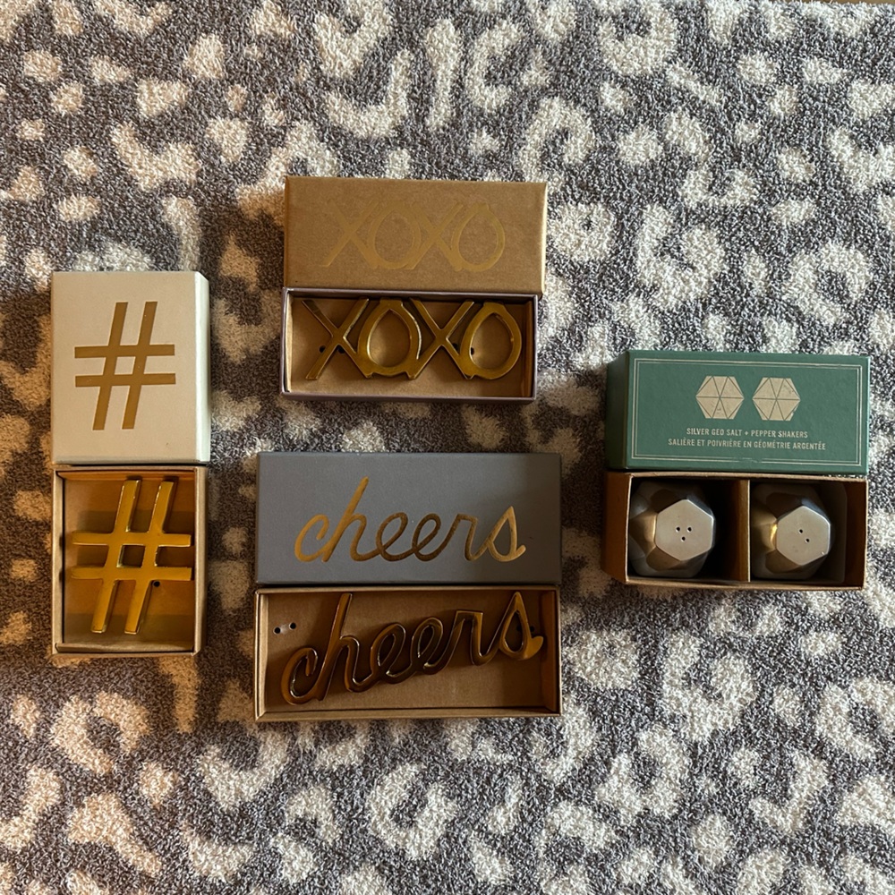 West Elm Brass Objects (Set of 3) & Silver Salt & Pepper Shakers